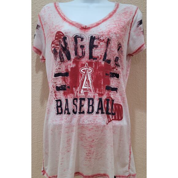 Anaheim Angels Baseball Painted Messy Look Graphic Women's Shirt Medium V Neck - Picture 1 of 5